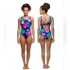 Satara VTG Navy Floral 2D Open Back Keyhole Tank Leotard Blue Trim Size AL